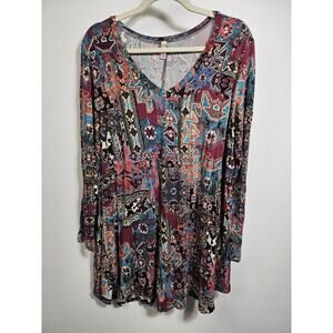 Popana Colorful Aztec Print Long Sleeve Rayon Dress Tunic Women's Size 2XL